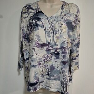 Chico's Size 2 (L) Blue Multi Nature Landscape Design 3/4 Sleeve Soft Knit Top